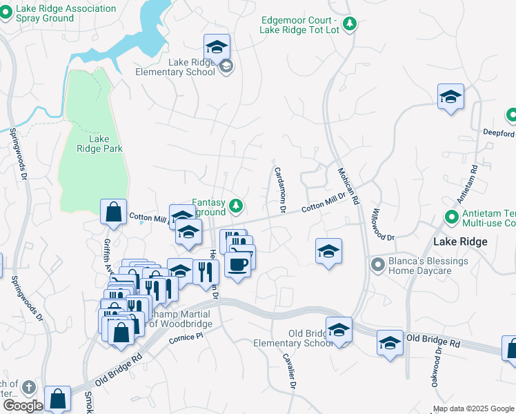map of restaurants, bars, coffee shops, grocery stores, and more near 12180 Cardamom Drive in Woodbridge