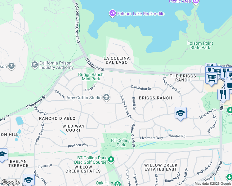 map of restaurants, bars, coffee shops, grocery stores, and more near 126 Briggs Ranch Drive in Folsom