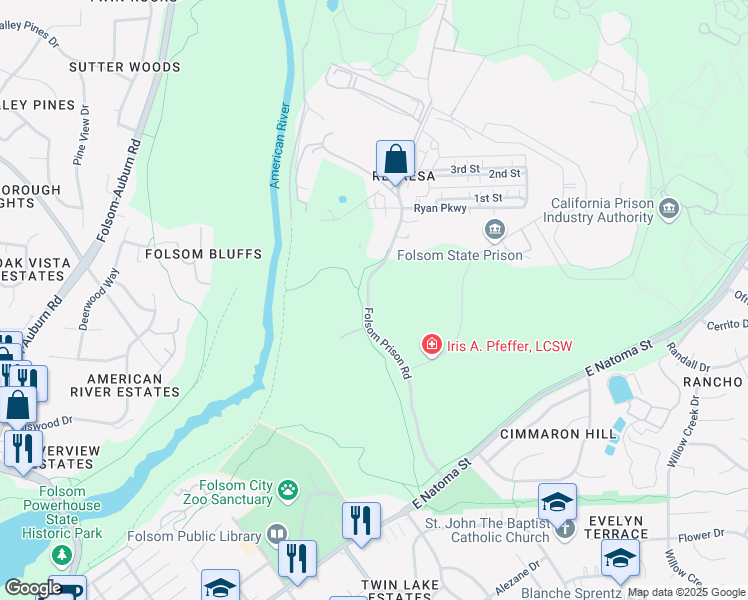 map of restaurants, bars, coffee shops, grocery stores, and more near in Folsom