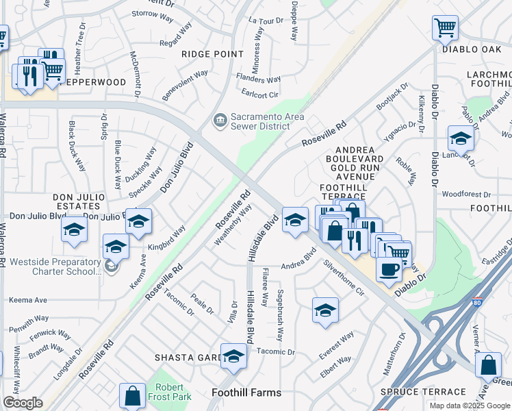 map of restaurants, bars, coffee shops, grocery stores, and more near 6621 Weatherby Way in Sacramento