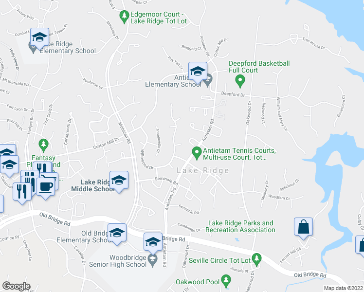 map of restaurants, bars, coffee shops, grocery stores, and more near 12049 Willowood Drive in Woodbridge