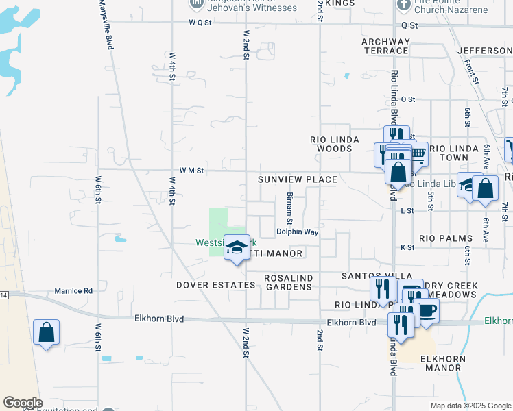 map of restaurants, bars, coffee shops, grocery stores, and more near 142 Angel Way in Rio Linda