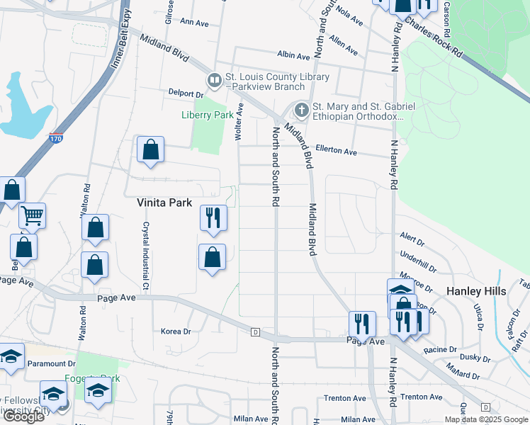 map of restaurants, bars, coffee shops, grocery stores, and more near 8300 Buchanan Avenue in St. Louis