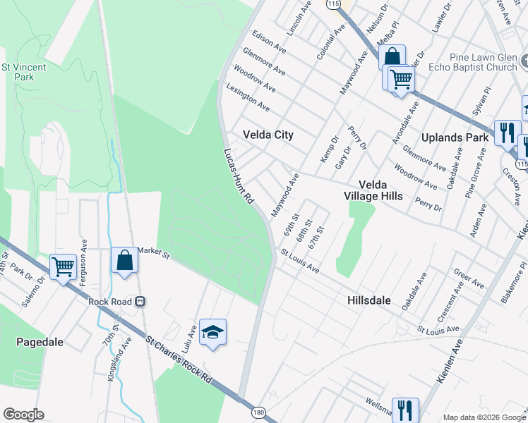 map of restaurants, bars, coffee shops, grocery stores, and more near 2204 Lucas and Hunt Road in St. Louis