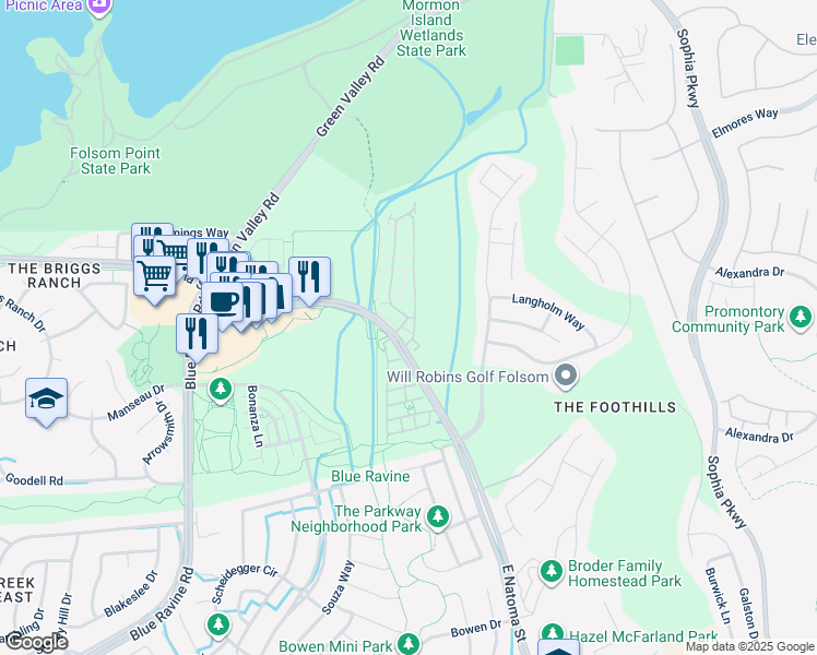 map of restaurants, bars, coffee shops, grocery stores, and more near 106 Esplanade Circle in Folsom