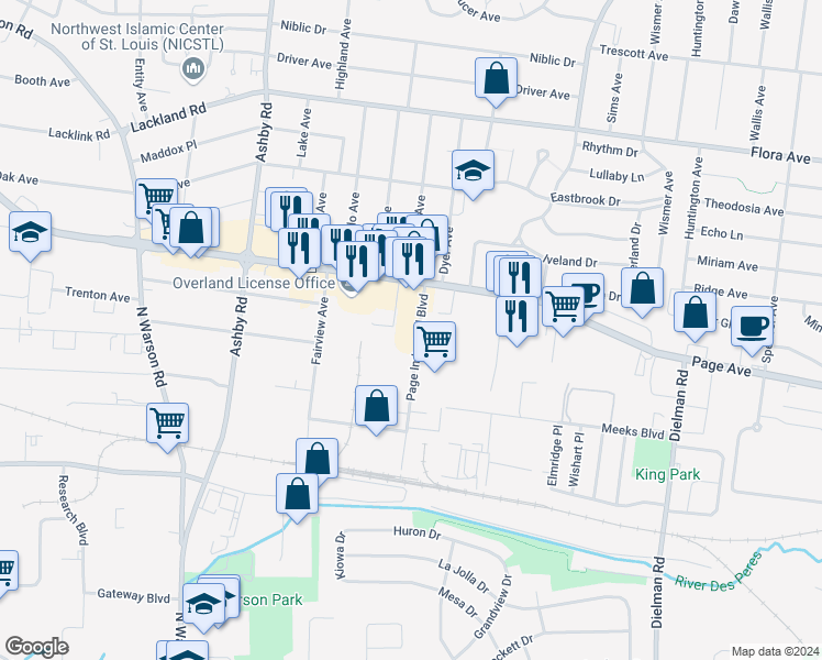 map of restaurants, bars, coffee shops, grocery stores, and more near 1605 Page Industrial Boulevard in St. Louis