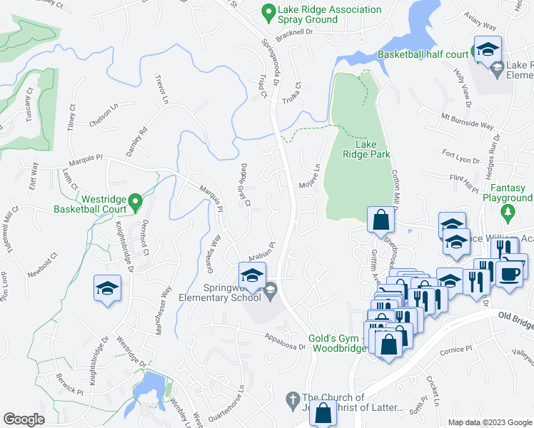 map of restaurants, bars, coffee shops, grocery stores, and more near 12214 Arabian Place in Woodbridge