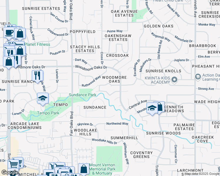 map of restaurants, bars, coffee shops, grocery stores, and more near 8120 Highwood Way in Orangevale