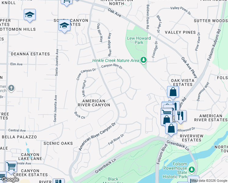 map of restaurants, bars, coffee shops, grocery stores, and more near 105 Canyon Rim Drive in Folsom