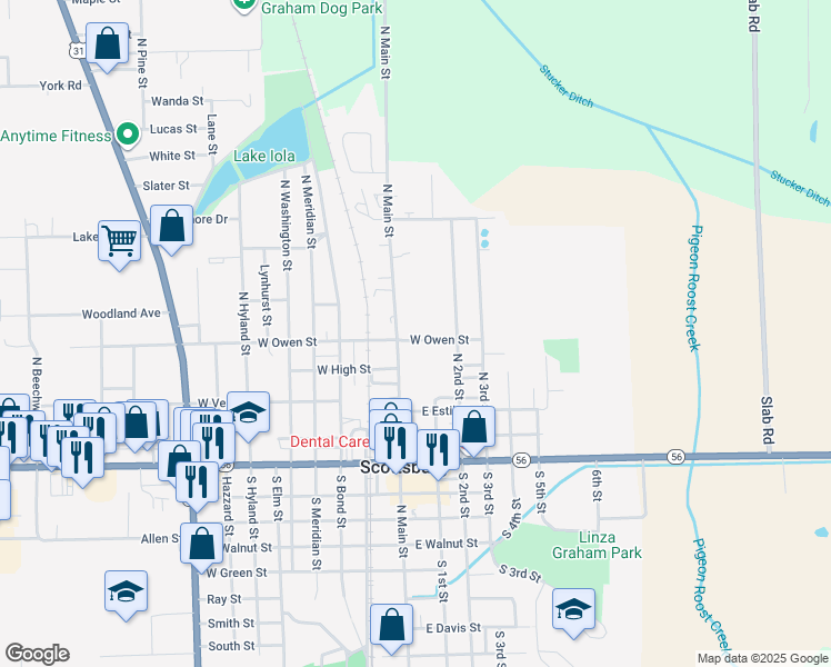 map of restaurants, bars, coffee shops, grocery stores, and more near 48 East Owen Street in Scottsburg