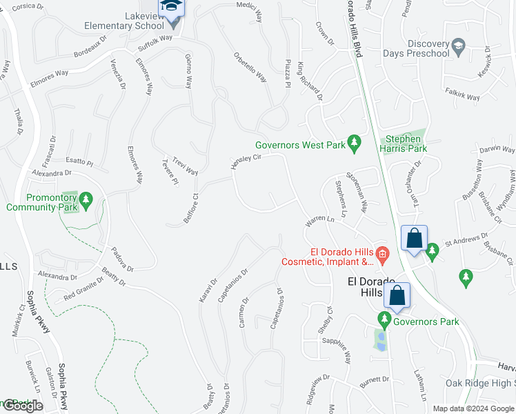 map of restaurants, bars, coffee shops, grocery stores, and more near 4060 Hensley Circle in Folsom