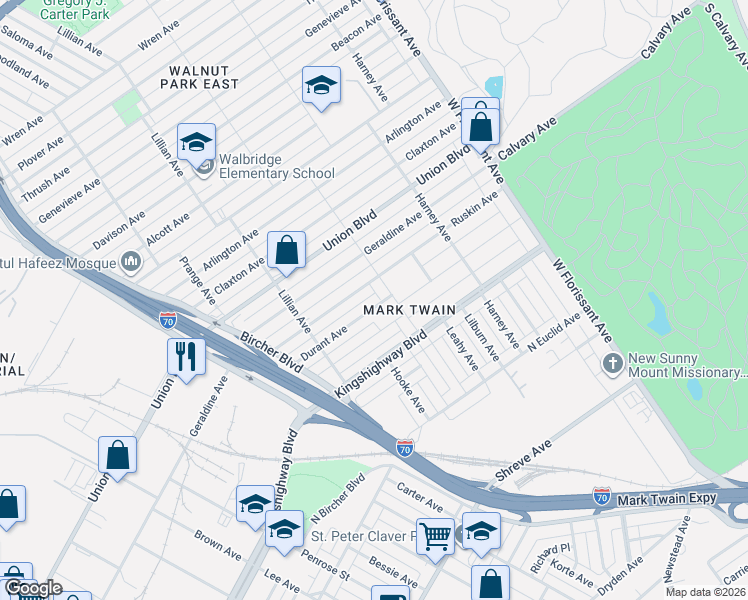 map of restaurants, bars, coffee shops, grocery stores, and more near 5090 Durant Avenue in St. Louis