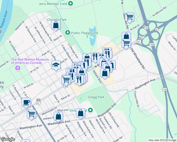 map of restaurants, bars, coffee shops, grocery stores, and more near 2601 North 6th Street in Vincennes