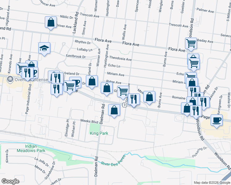 map of restaurants, bars, coffee shops, grocery stores, and more near 9630 Cedar Glen Drive in Overland