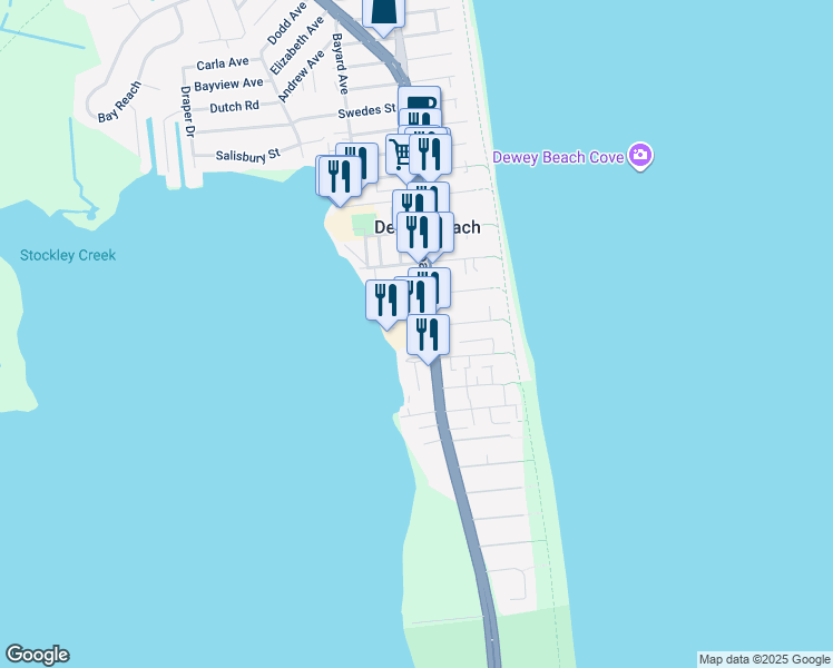 map of restaurants, bars, coffee shops, grocery stores, and more near 1301 Coastal Highway in Dewey Beach