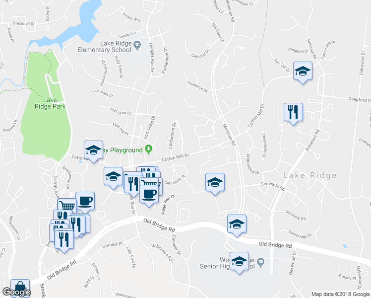 map of restaurants, bars, coffee shops, grocery stores, and more near 11948 Cardamom Drive in Woodbridge