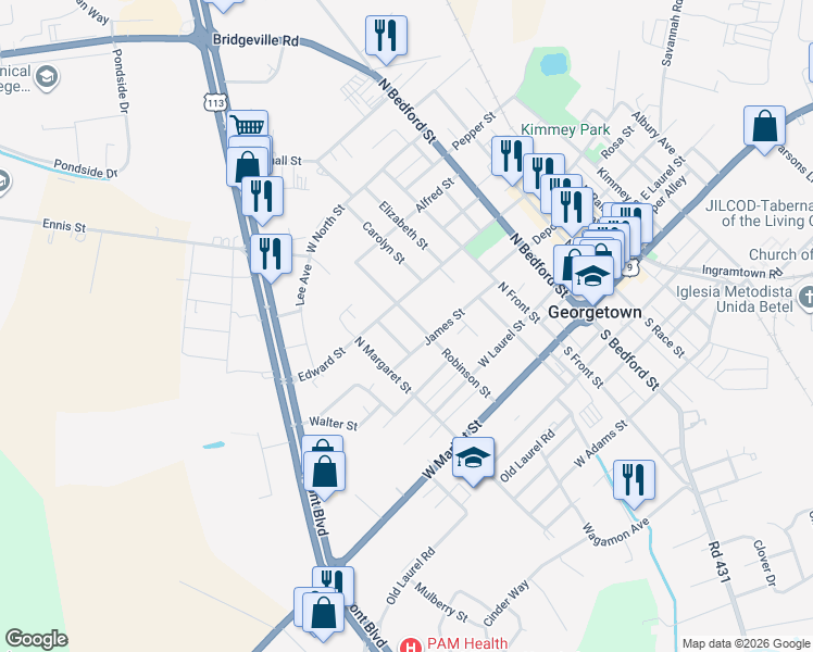 map of restaurants, bars, coffee shops, grocery stores, and more near 308 Franklin Street in Georgetown