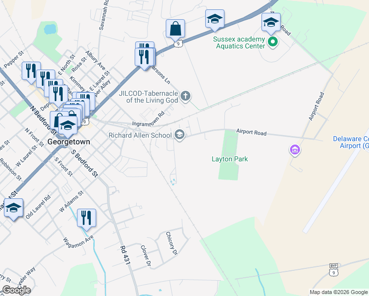 map of restaurants, bars, coffee shops, grocery stores, and more near 316 South Railroad Avenue in Georgetown