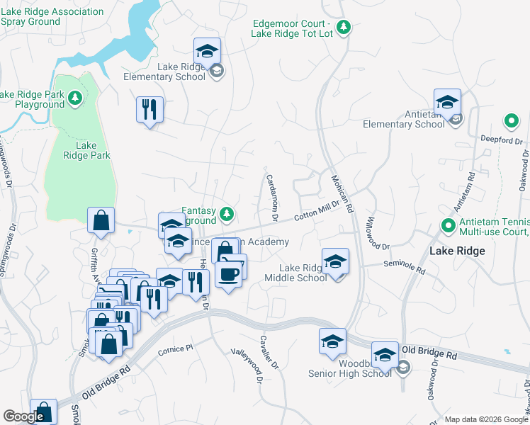 map of restaurants, bars, coffee shops, grocery stores, and more near 12193 Cardamom Drive in Woodbridge