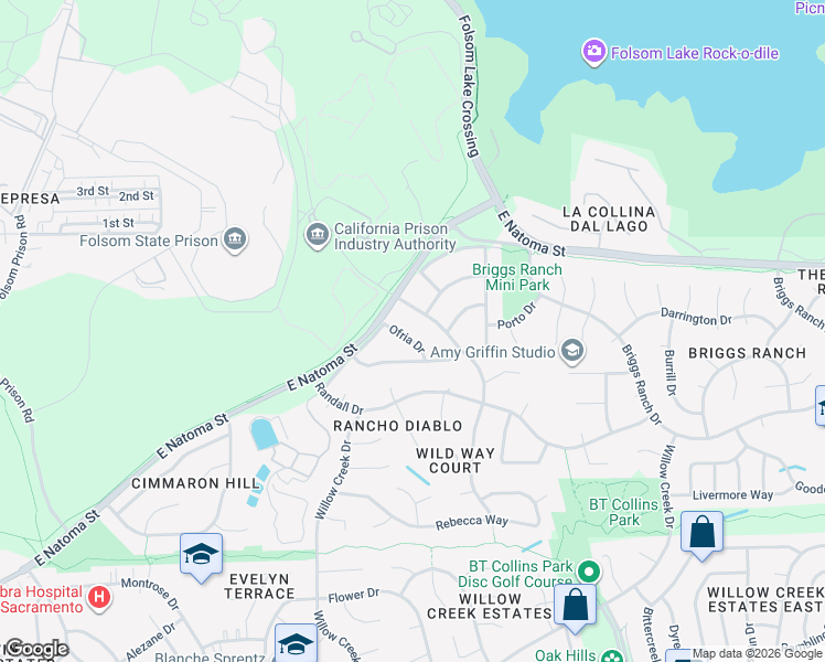 map of restaurants, bars, coffee shops, grocery stores, and more near 106 Ofria Drive in Folsom