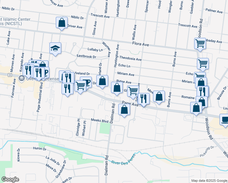 map of restaurants, bars, coffee shops, grocery stores, and more near 9708 Cedar Glen Drive in Overland