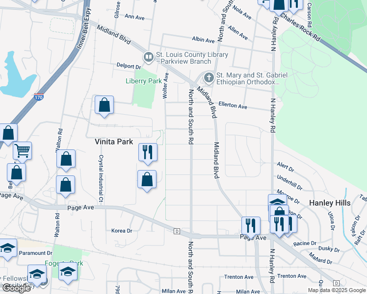 map of restaurants, bars, coffee shops, grocery stores, and more near 8314 Buchanan Avenue in St. Louis