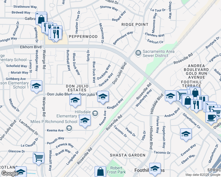 map of restaurants, bars, coffee shops, grocery stores, and more near 4701 Tanager Way in Sacramento