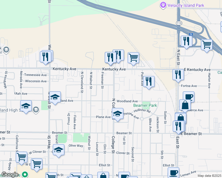 map of restaurants, bars, coffee shops, grocery stores, and more near 221 North College Street in Woodland