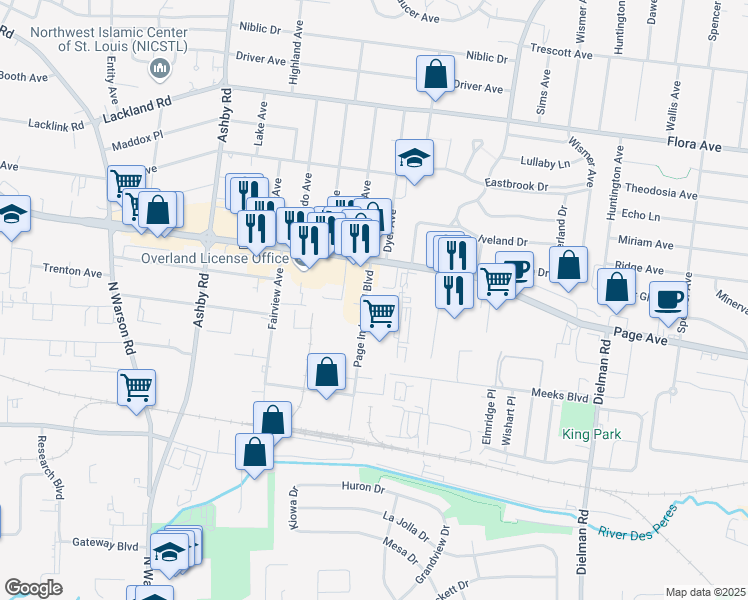 map of restaurants, bars, coffee shops, grocery stores, and more near 1605 Page Industrial Boulevard in St. Louis