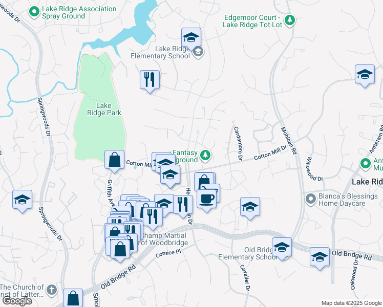 map of restaurants, bars, coffee shops, grocery stores, and more near 3397 Flint Hill Place in Woodbridge