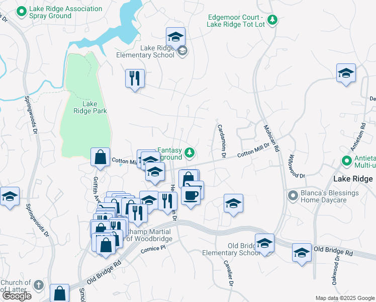 map of restaurants, bars, coffee shops, grocery stores, and more near 3379 Flint Hill Place in Woodbridge