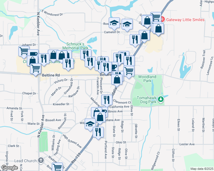 map of restaurants, bars, coffee shops, grocery stores, and more near 612 Kinloch Avenue in Collinsville