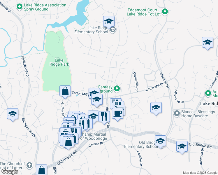 map of restaurants, bars, coffee shops, grocery stores, and more near 3397 Flint Hill Place in Woodbridge