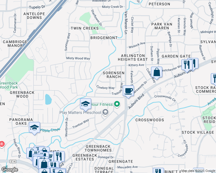 map of restaurants, bars, coffee shops, grocery stores, and more near 6541 Cowboy Way in Citrus Heights