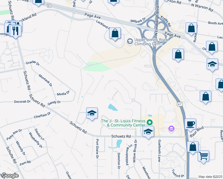 map of restaurants, bars, coffee shops, grocery stores, and more near 1737 Willowbrooke Manors Court in St. Louis