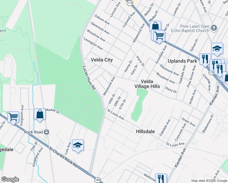 map of restaurants, bars, coffee shops, grocery stores, and more near 6834 Normandale Drive in St. Louis