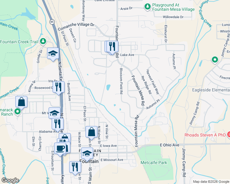 map of restaurants, bars, coffee shops, grocery stores, and more near 900 Pond Terrace in Fountain