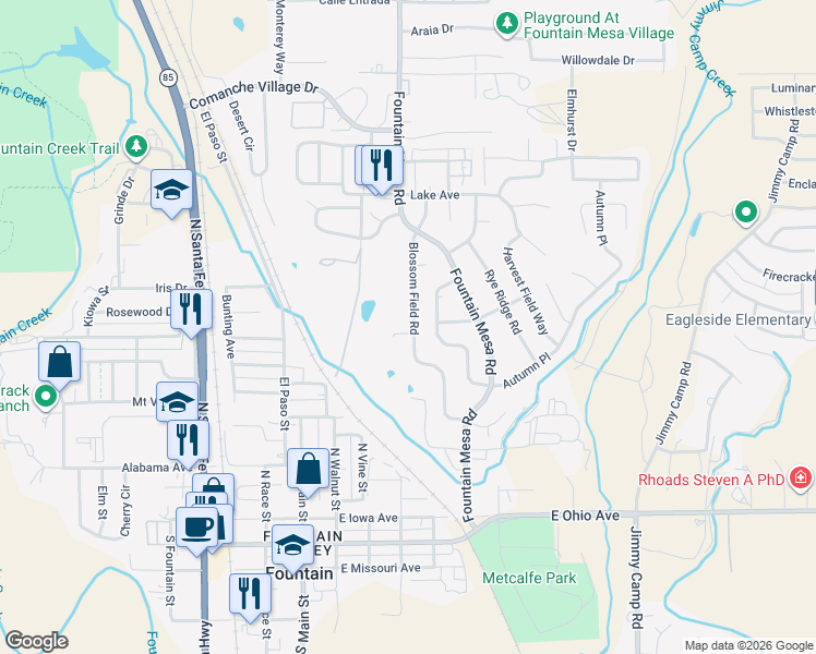 map of restaurants, bars, coffee shops, grocery stores, and more near 900 Pond Terrace in Fountain