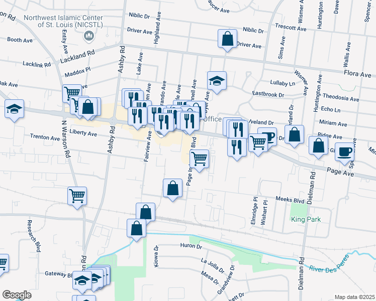 map of restaurants, bars, coffee shops, grocery stores, and more near 1609 Page Industrial Boulevard in St. Louis