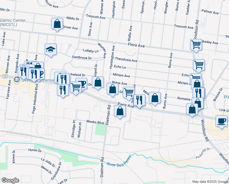 map of restaurants, bars, coffee shops, grocery stores, and more near 9708 Cedar Glen Drive in Overland