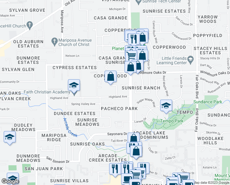 map of restaurants, bars, coffee shops, grocery stores, and more near 7769 Locher Way in Citrus Heights