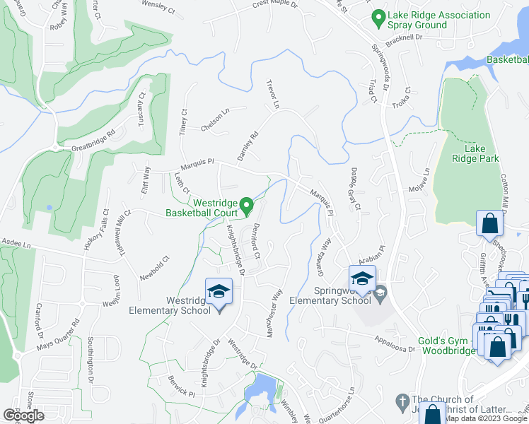 map of restaurants, bars, coffee shops, grocery stores, and more near 12123 Derriford Court in Woodbridge
