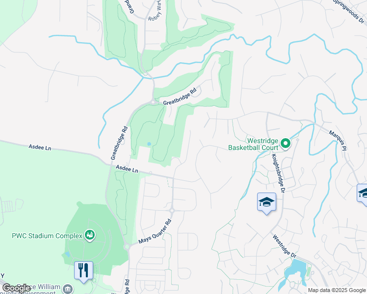 map of restaurants, bars, coffee shops, grocery stores, and more near 12116 Hickory Falls Court in Woodbridge