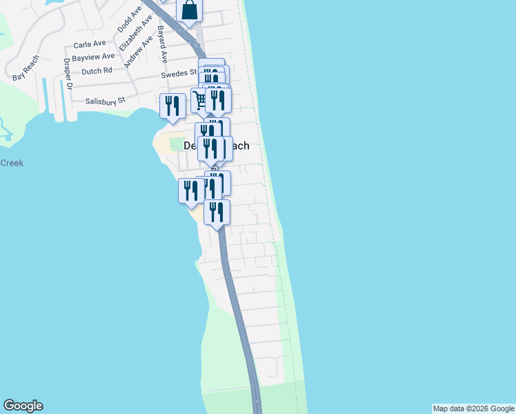 map of restaurants, bars, coffee shops, grocery stores, and more near 2 Dickinson Street in Dewey Beach
