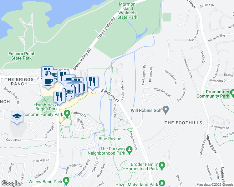 map of restaurants, bars, coffee shops, grocery stores, and more near 106 Esplanade Circle in Folsom