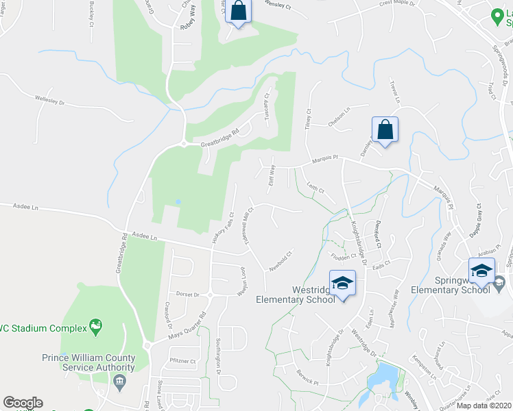 map of restaurants, bars, coffee shops, grocery stores, and more near 12116 Hickory Falls Court in Woodbridge