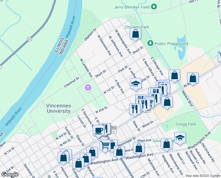 map of restaurants, bars, coffee shops, grocery stores, and more near 1899 North 1st Street in Vincennes