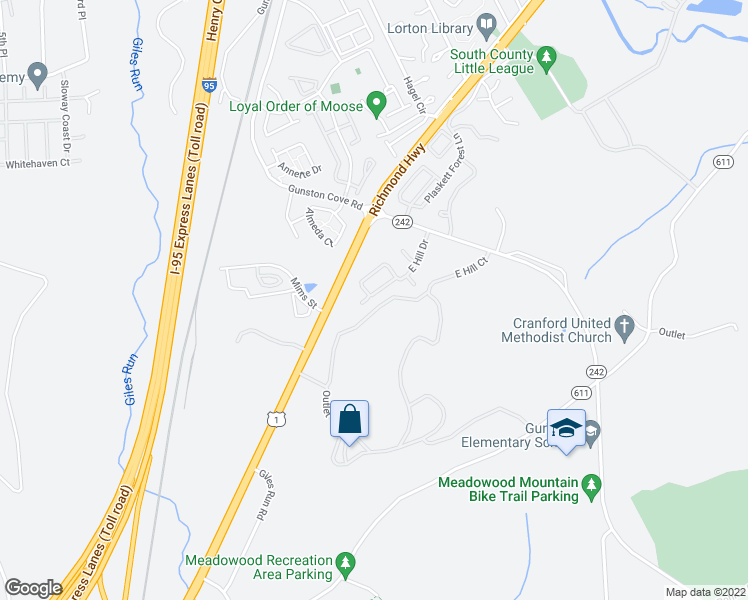 map of restaurants, bars, coffee shops, grocery stores, and more near 9921 East Hill Drive in Lorton