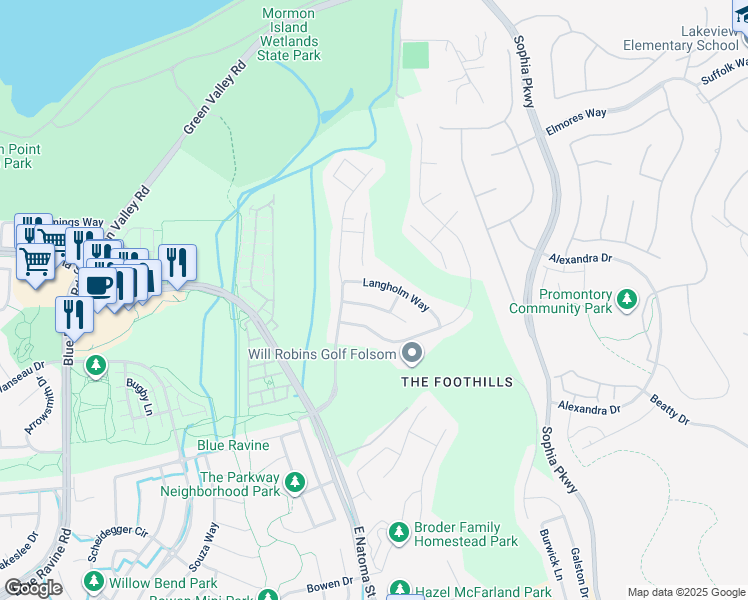 map of restaurants, bars, coffee shops, grocery stores, and more near 1748 Dunkeld Lane in Folsom