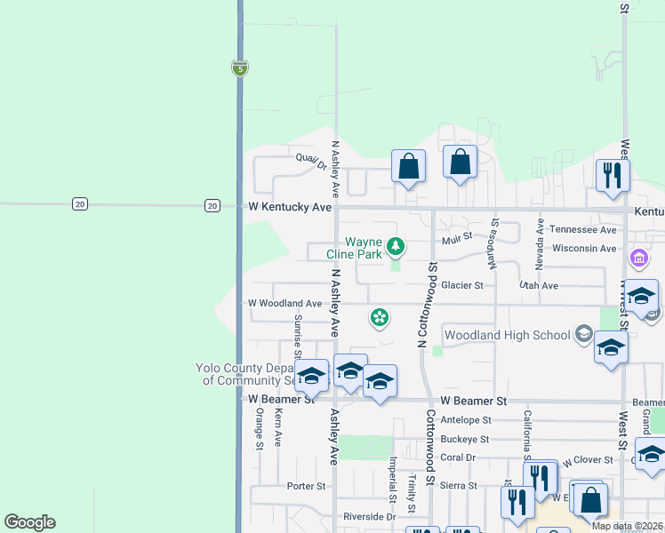map of restaurants, bars, coffee shops, grocery stores, and more near 312 El Capitan Drive in Woodland